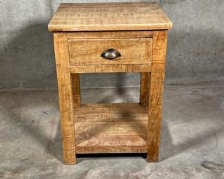 DIMINUTIVE SIDE TABLE | Natural wood finish with unique grain, blocky shape, single drawer with antique style pull; 24 x 17 x 15 in. 
