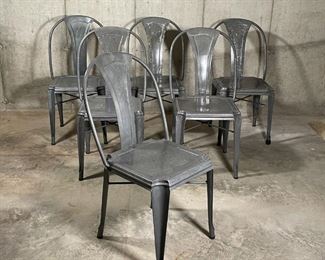 (6pc) IRON DINING CHAIRS | Farmhouse / industrial chic metal dining side chairs with subtle grey quartz mineral color enamel finish, with tack-like seat accents; h. 37 x 19 x 22 in. 