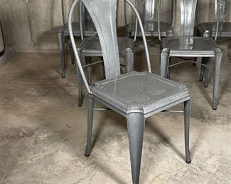 (6pc) IRON DINING CHAIRS | Farmhouse / industrial chic metal dining side chairs with subtle grey quartz mineral color enamel finish, with tack-like seat accents; h. 37 x 19 x 22 in. 