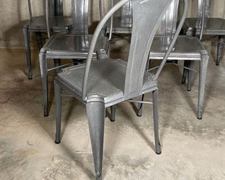 (6pc) IRON DINING CHAIRS | Farmhouse / industrial chic metal dining side chairs with subtle grey quartz mineral color enamel finish, with tack-like seat accents; h. 37 x 19 x 22 in. 