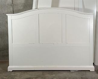 WHITE IKEA QUEEN BED FRAME | Unassembled, with side rails, headboard, and footboard; rails l. 83 x 14 in.; headboard 63 x 45 in. 