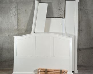 WHITE IKEA QUEEN BED FRAME | Unassembled, with side rails, headboard, and footboard; rails l. 83 x 14 in.; headboard 63 x 45 in. 