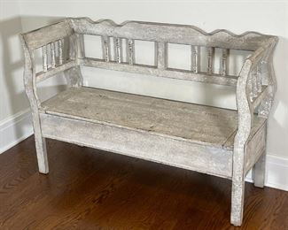 PRIVILEGE STORAGE BENCH | Distressed white washed finish, the seat lifts to reveal a storage compartment 