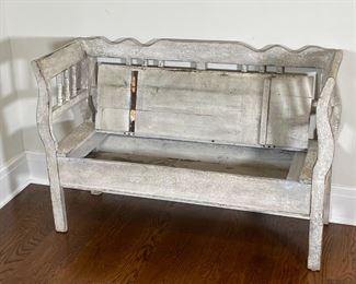 PRIVILEGE STORAGE BENCH | Distressed white washed finish, the seat lifts to reveal a storage compartment 