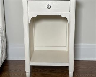 WHITE PAINTED SIDE TABLE | White side table or nightstand with a single top drawer with a glass pull over an open lower shelf; 28 x 17-1/2 x 16 in. 
