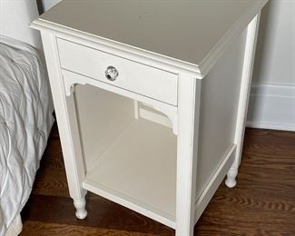 WHITE PAINTED SIDE TABLE | White side table or nightstand with a single top drawer with a glass pull over an open lower shelf; 28 x 17-1/2 x 16 in. 