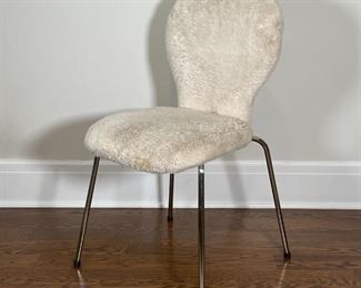 POTTERY BARN DESK AND CHAIR | A white-painted wood desk or vanity table with a single drawer with two glass pulls (h. 30 x w. 43-1/2 x 22 in.) and round "Ivory Fur" upholstered desk chair (32 x 17 x 21 in.), both from Pottery Barn Kids