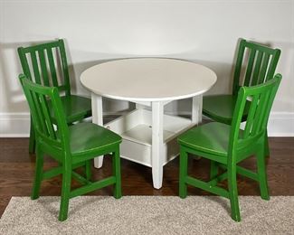(5pc) KID'S TABLE & CHAIRS | A set of four green painted wood chairs ("Parker Play Chair") and a white "bin table" having a round top over an open shelf / storage compartment, all by Crate and Barrel's "The Land of Nod" made for children; h. 28 x w. 14-1/4 x d. 16 in. [with light wear to paint] 