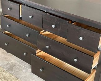 DOUBLE DRESSER | Dark stained wood with a row of four small drawers on top of four larger drawers; 38 x 63-1/2 x 20 in. 