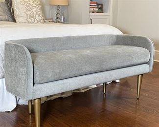 WEST ELM VELVET BENCH | Mid-century modern design bench with grey velvet upholstery over straight tapering brass legs, by West Elm, manufactured 09/202- barely 1 year old and in excellent condition; h. 23 x w. 52 x d. 19 in.