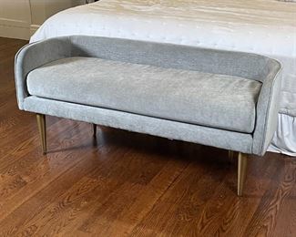 WEST ELM VELVET BENCH | Mid-century modern design bench with grey velvet upholstery over straight tapering brass legs, by West Elm, manufactured 09/202- barely 1 year old and in excellent condition; h. 23 x w. 52 x d. 19 in.