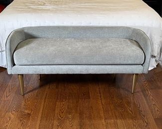 WEST ELM VELVET BENCH | Mid-century modern design bench with grey velvet upholstery over straight tapering brass legs, by West Elm, manufactured 09/202- barely 1 year old and in excellent condition; h. 23 x w. 52 x d. 19 in.