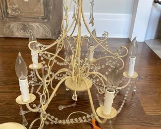 POTTERY BARN CHANDELIER | Shabby chic off-white chandelier, metal frame with five arms and beaded glass and teardrops