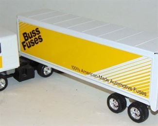 VINTAGE PRESSED STEEL TRACTOR TRAILER - PROMOTIONAL TOY FOR BUSS FUSES - LOCAL ST. LOUIS, MO ADVERTISING