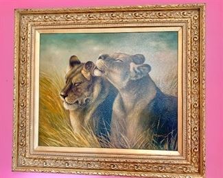 $250  Giclee of lions in a field, signed lower right, in solid wood frame.  28" H x 32" W. 