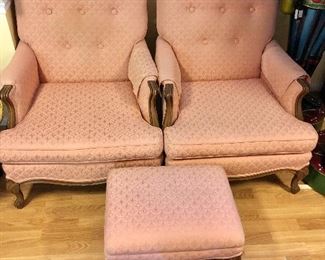 $395 - Pair of vintage arm chairs and single ottoman.  Chairs each 36" H, 29" W, 30" D, seat height 16.5".  Ottoman 13.5" H, 21" W, 16.5" D. 