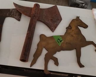 Brass horse, tools