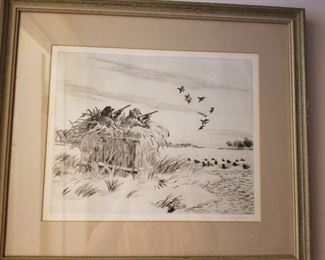 Framed print - pen and ink style drawing of duck hunters