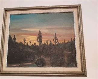 Framed painting of desert landscape with saguaro cacti - signed Rip Collins