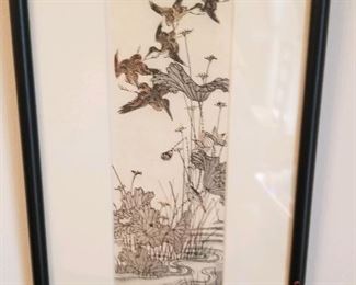 Framed oriental style print - lotus and diving birds