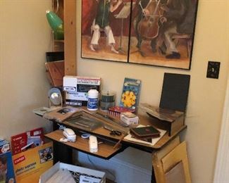 Desk, Framed prints, office items