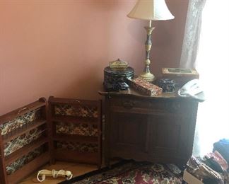 Commode, sewing cabinet, lamp
