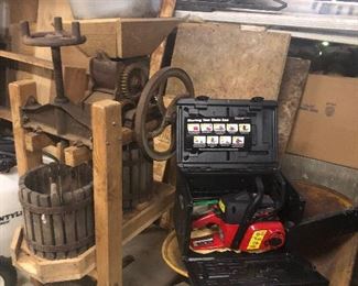 Fruit press, Craftsman chainsaw, wheelborrow