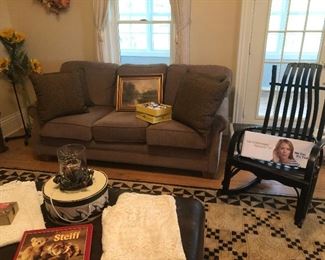 Couch, rocking chair, leather ottoman
