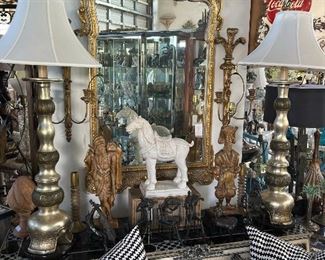 Regence style mirror, eglomise console, set bronze musicians, pair carved figural lamps, and more.
