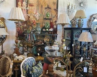 Four panel screen wall hanging, large Italian pricket stick lamps, pair painted foliate armchairs, and more.