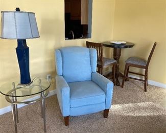 Pub table with 2 chairs, lamps, glass top side tables