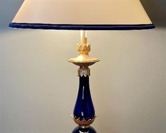 Phenomenal (super heavy) Design Center Cobalt Blue Glass and Gold Gilt Lamps - shades have matching cobalt blue velvet and gold trim