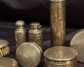 1900's TIFFANY & CO STERLING Perfume Flasks, Trinket Boxes, Brushes, Mirror, Handkerchief Holder, and Soap Holder