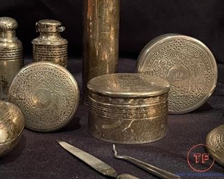 1900's TIFFANY & CO STERLING Perfume Flasks, Trinket Boxes, Brushes, Mirror, Handkerchief Holder, and Soap Holder