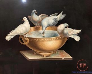 Large Antique MICROMOSAIC Plaque - Doves of Pliny - Studio del Mosaico Vaticano, Fabbrica di San Pietro - 26 3/4” x 21 1/2”