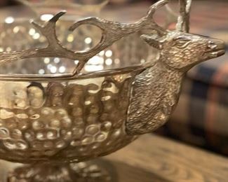 Vintage Hammered Pedestal Bowl with Antlered Deer Heads