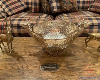 Vintage Hammered Pedestal Bowl with Antlered Deer Heads