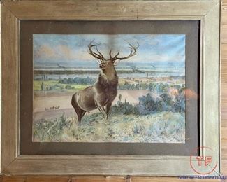 Rare JOHN DEERE Advertising Chromolithograph - Stag with Factory in the Background - 30 1/2" x 38 1/2" (frame)