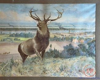 Rare JOHN DEERE Advertising Chromolithograph - Stag with Factory in the Background - 30 1/2" x 38 1/2" (frame)