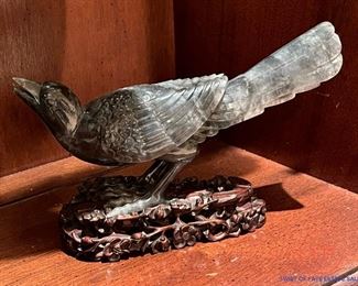 Carved Jade Magpie with Carved Chinese Base