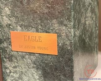 Bronze Eagle Sculpture on Green Marble Base by Justin Young