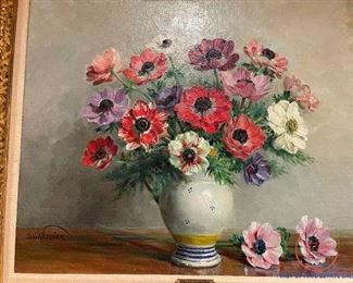 Original Still Life "Anemones Au Vase Blanc" Oil on Canvas by JEAN VERDIER