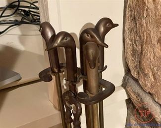 1950's Brass Duck Head Fireplace Tools Set
