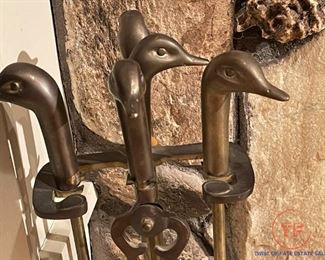 1950's Brass Duck Head Fireplace Tools Set