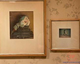 ORIGINAL Walt Disney Studios Gouache on Celluloid: Sleepy and Jiminy from the Movies Snow White and Pinocchio by Courvoisier Galleries