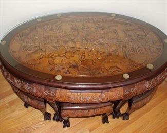 Wood Carved  Asian Table with Horses