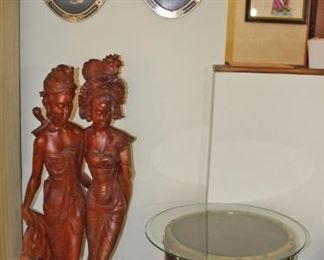 Asian Layered Wall Art, Asia Carved Figures, Brass Drum Table, Paintings on Silk, Carved Rosewood Sen Pahat Bket Figurines