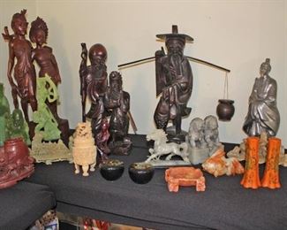 Stone,  Soapstone, Figures, Chinese Lion Container, Jade or Stone Horse, Foo Dogs, Stone Coy, S P, Dish, Silver Color Figurines, Wood Carvings