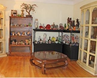 Overview of Living Room, Ivory, Toby Mugs, Snuff Bottles, Jade, Soapstone, Curio Cabinet, Lawyer Barrister Bookcase, Burled Coffee Table, Display Cabinet