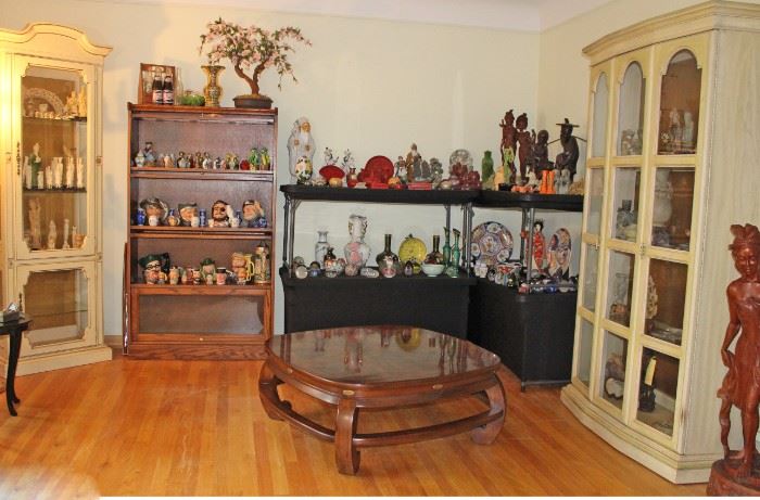 Overview of Living Room, Ivory, Toby Mugs, Snuff Bottles, Jade, Soapstone, Curio Cabinet, Lawyer Barrister Bookcase, Burled Coffee Table, Display Cabinet